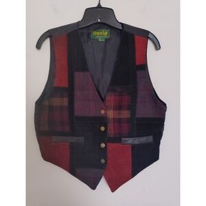 Vintage David American Vest Patchwork Suede Leather Wool Black Red Size M